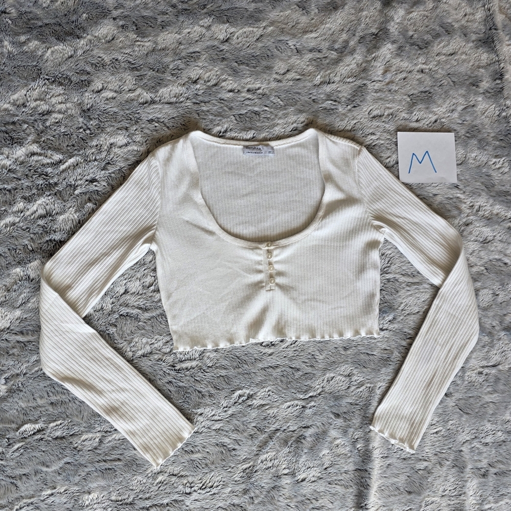 Bershka White FitLong Sleeve Crop Blouse